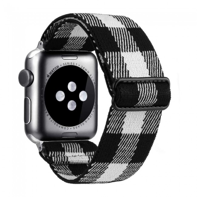 Apple Watch Band 42-44-45mm Elastic Fabric Nylon Cloth Strap - Plaid Black White