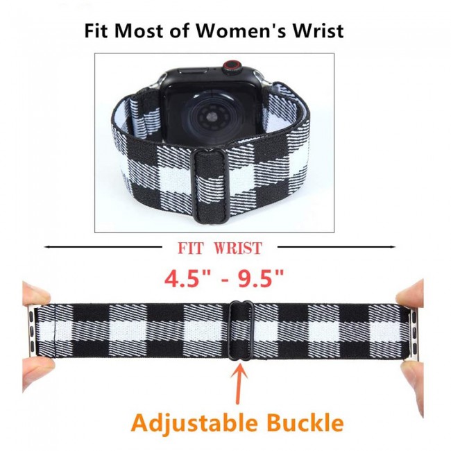 Apple Watch Band 42-44-45mm Elastic Fabric Nylon Cloth Strap - 2Pack Plaid Green Red and Black White