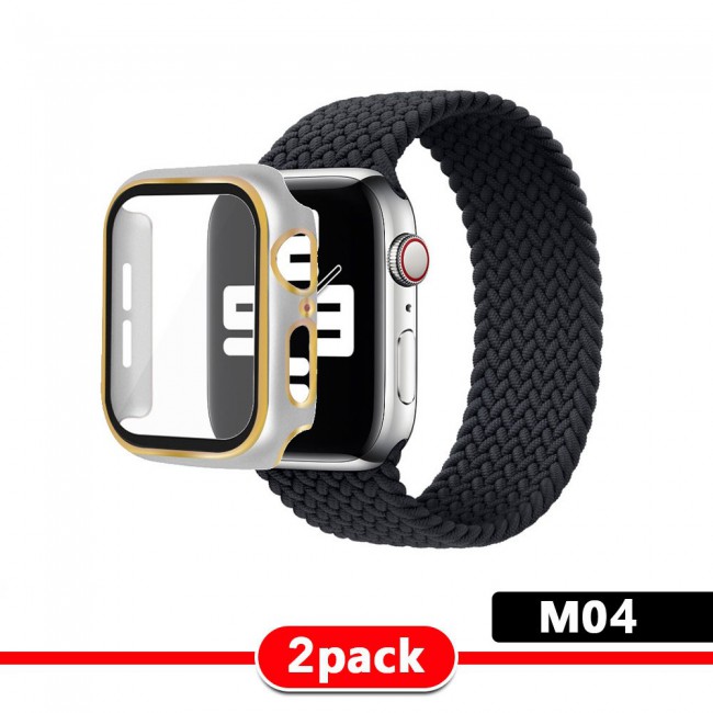 2Pack Apple Watch Yarn Braided Band Size M with Protective Case 44mm - All Colors with Gold Edge
