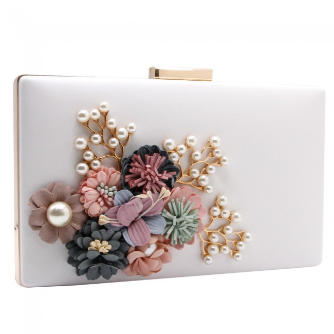 Fabric Handicraft Flower Evening Party Clutch Purse for Women - Evening Bag / Wedding Handbag ( Black - Gold - Pink - White )