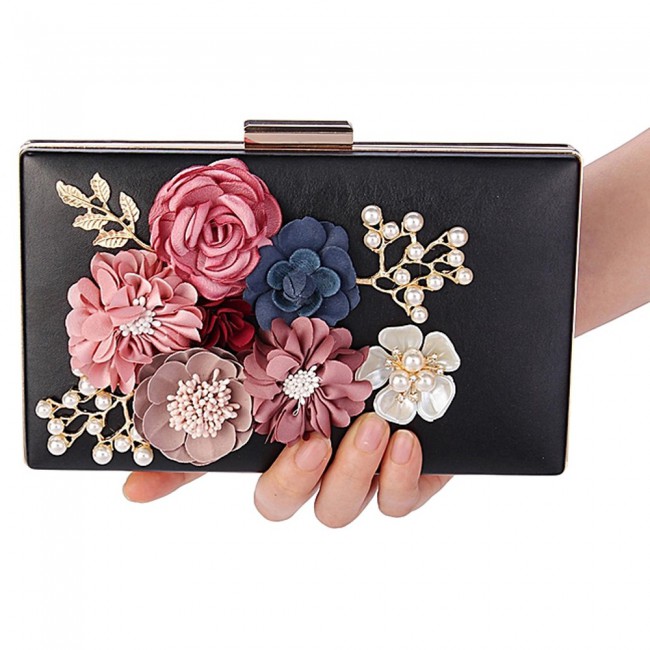 Fabric Handicraft Flower Evening Party Clutch Purse for Women - Evening Bag / Wedding Handbag ( Black - Gold - Pink - White )