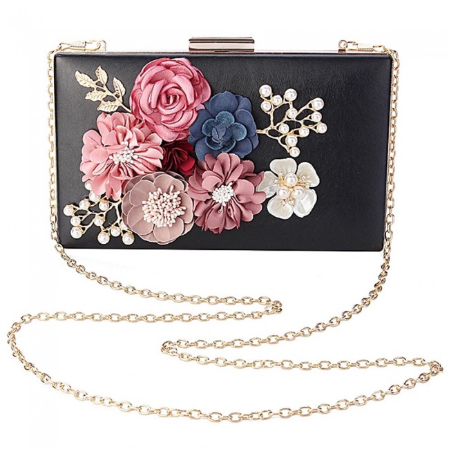 Fabric Handicraft Flower Evening Party Clutch Purse for Women - Evening Bag / Wedding Handbag ( Black - Gold - Pink - White )