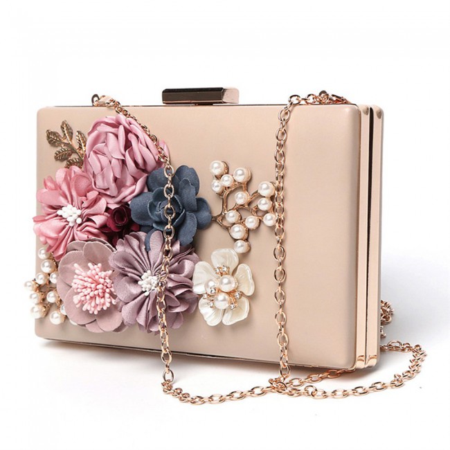 Fabric Handicraft Flower Evening Party Clutch Purse for Women - Evening Bag / Wedding Handbag ( Black - Gold - Pink - White )