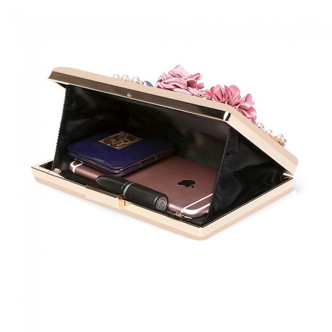 Fabric Handicraft Flower Evening Party Clutch Purse for Women - Evening Bag / Wedding Handbag ( Black - Gold - Pink - White )