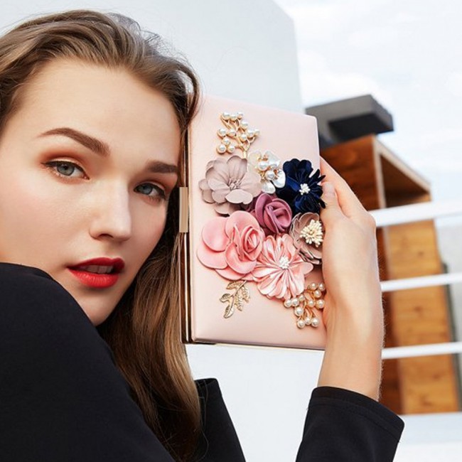 Fabric Handicraft Flower Evening Party Clutch Purse for Women - Evening Bag / Wedding Handbag ( Black - Gold - Pink - White )