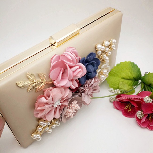 Fabric Handicraft Flower Evening Party Clutch Purse for Women - Evening Bag / Wedding Handbag ( Black - Gold - Pink - White )