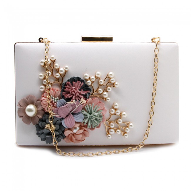 Fabric Handicraft Flower Evening Party Clutch Purse for Women - Evening Bag / Wedding Handbag ( Black - Gold - Pink - White )