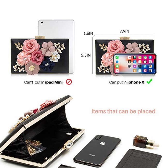 Fabric Handicraft Flower Evening Party Clutch Purse for Women - Evening Bag / Wedding Handbag ( Black - Gold - Pink - White )