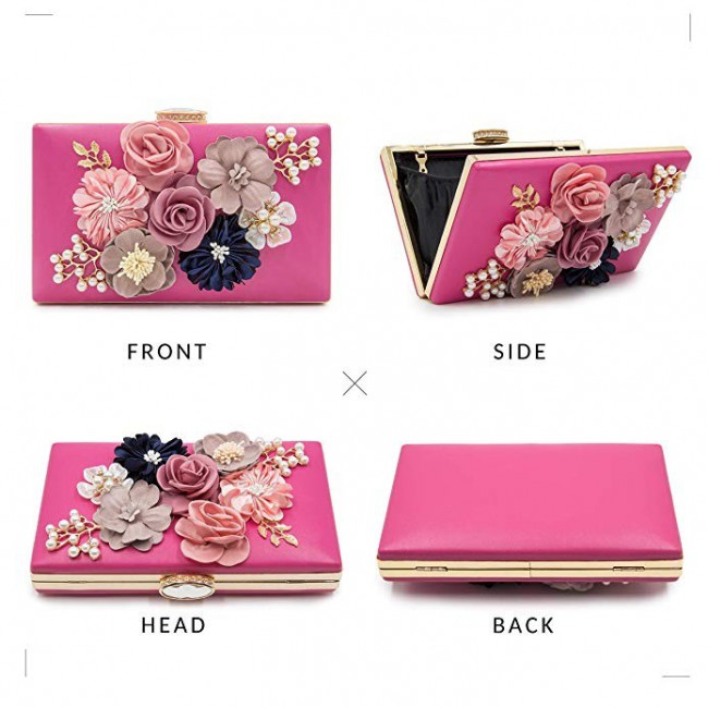 Fabric Handicraft Flower Evening Party Clutch Purse for Women - Evening Bag / Wedding Handbag ( Black - Gold - Pink - White )