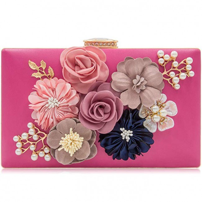 Fabric Handicraft Flower Evening Party Clutch Purse for Women - Evening Bag / Wedding Handbag ( Black - Gold - Pink - White )