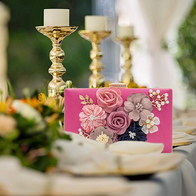Fabric Handicraft Flower Evening Party Clutch Purse for Women - Evening Bag / Wedding Handbag ( Black - Gold - Pink - White )