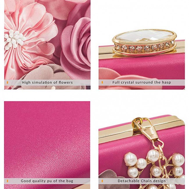 Fabric Handicraft Flower Evening Party Clutch Purse for Women - Evening Bag / Wedding Handbag ( Black - Gold - Pink - White )