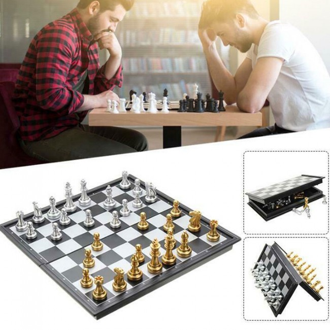 Magnetic Folding Chess Game with Silver and Gold Pieces – International Version