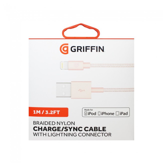 Griffin Charge  Sync Lightning Cable Adapter Braided Nylon 1m , 3.2ft for Apple iphone X / iphone XS / iphone XS MAX / iphone XR ( White , Yellow , Rose Gold )