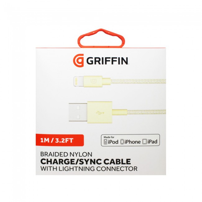 Griffin Charge  Sync Lightning Cable Adapter Braided Nylon 1m , 3.2ft for Apple iphone X / iphone XS / iphone XS MAX / iphone XR ( White , Yellow , Rose Gold )