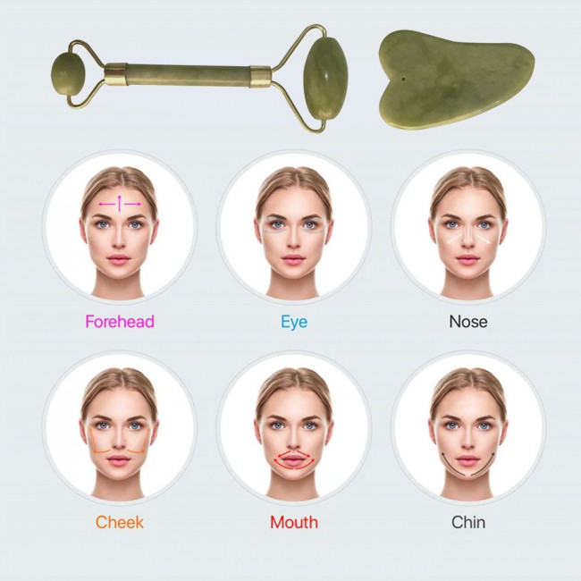 Jade Stone Facial Roller Massager with Guasha Board - Green