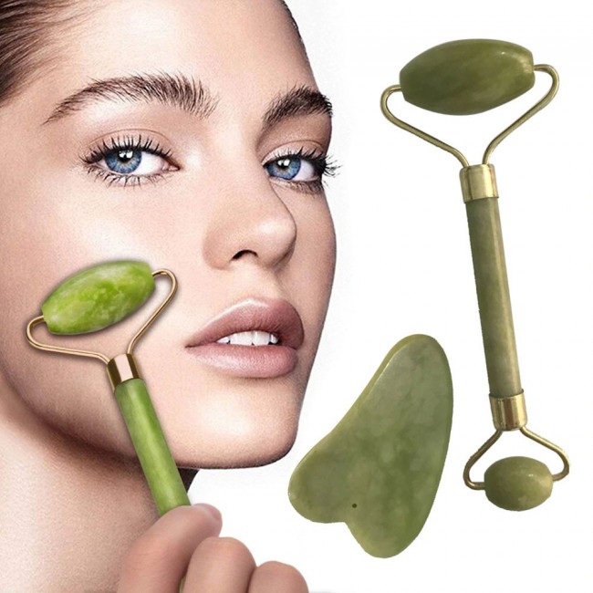 Jade Stone Facial Roller Massager with Guasha Board - Green