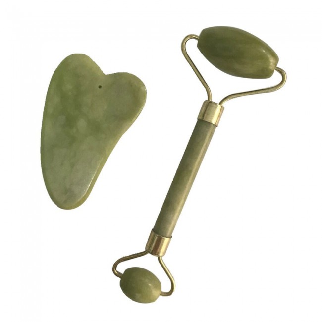 Jade Stone Facial Roller Massager with Guasha Board - Green