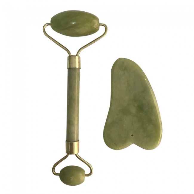 Jade Stone Facial Roller Massager with Guasha Board - Green
