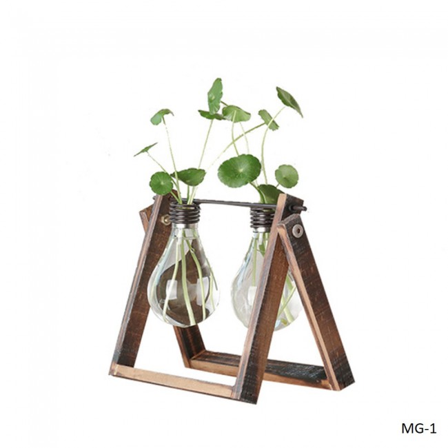 Minimalist Design Glass Vase in Wooden Stand in Three Designs