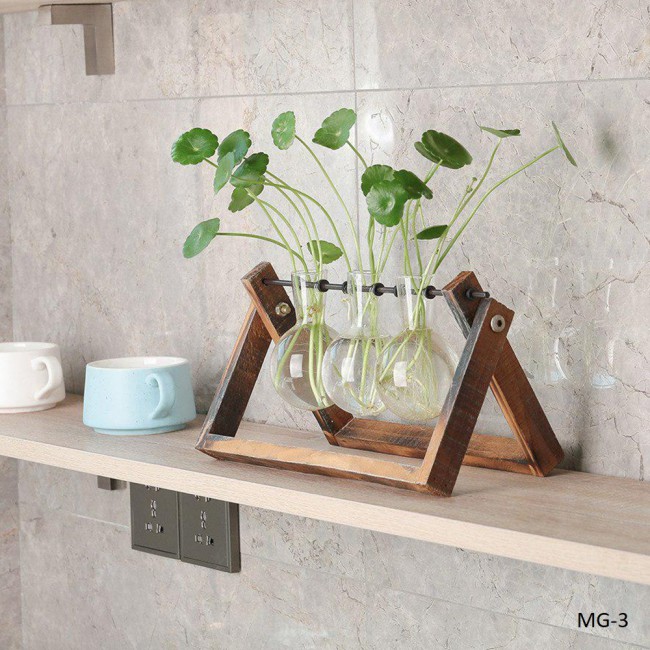 Minimalist Design Glass Vase in Wooden Stand in Three Designs