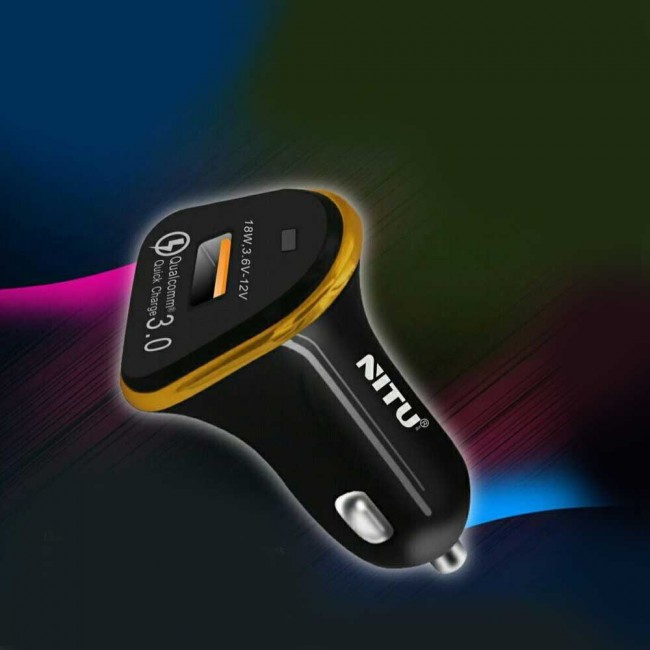 Nitu 18W Qualcomm 3.0 Quick Charge Car Charger with Lightning , Micro and Type-C USB Cable-Black