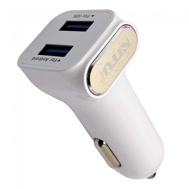 Nitu Dual USB Car Charger 2.4A for Android and iOS with Lightning , Micro and Type-C USB Cable – White