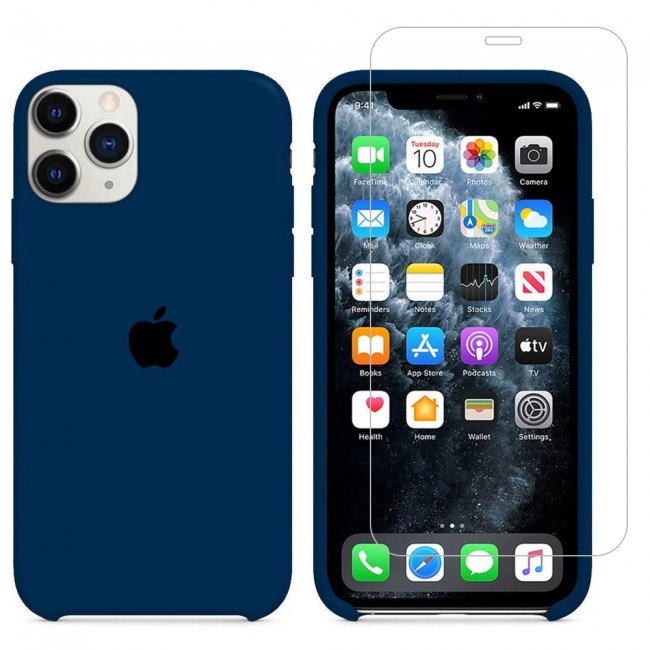 Margoun 2Pack Apple iPhone 12 and 12 Pro Silicone Case Cover and Clear Screen Protector - Dark Blue