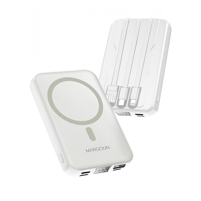 MARGOUN Magnetic Battery Pack 10000mAh Wireless Charging Power Bank with Cable Slim Light-Weight Wireless Charger with LED Indicator White