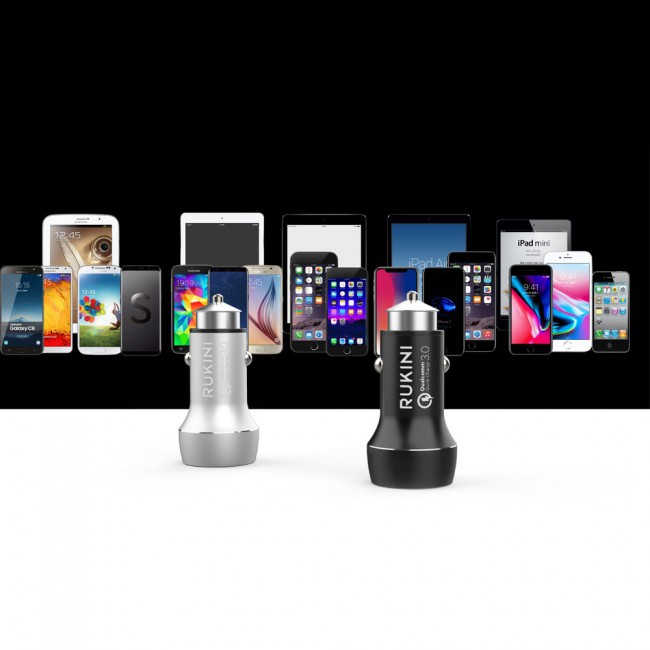 Rukini Dual USB Car Charger 18W RC313 - Black , Silver