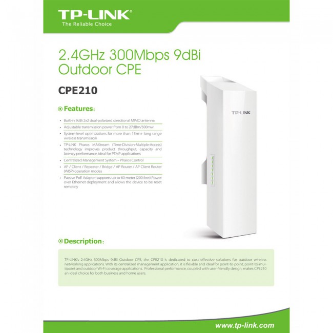 CPE210 TP-LINK 2.4GHz 300Mbps 9dBi Outdoor CPE Professional and Business Users, Home Users, Specially Designed for Outdoor Users