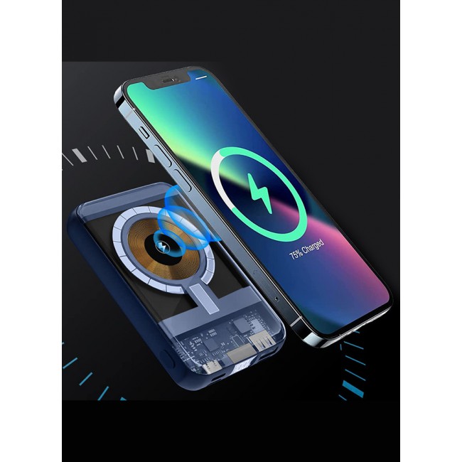 MARGOUN 10000mAh Transparent Maganetic Wireless Power Bank Fast Charging Buit-in 3-in-1 Cables Digital Display Blue/Lithium Polymer