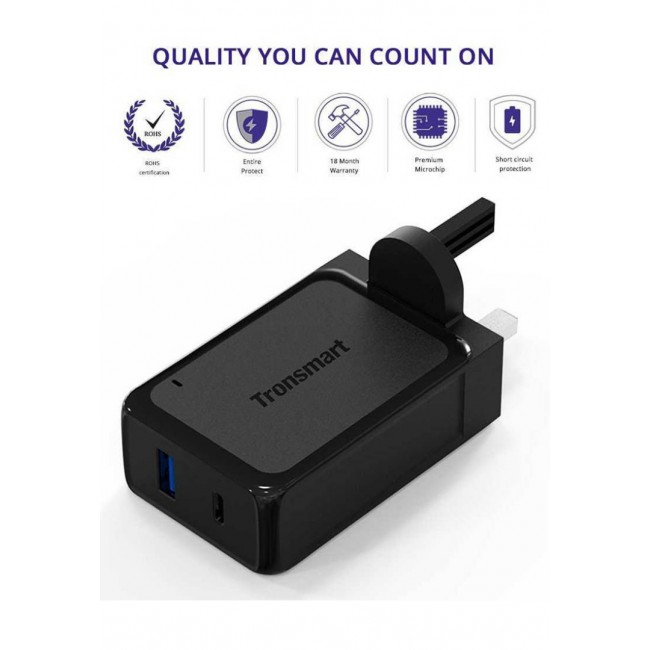 Tronsmart Dual USB Wall Charger QC3.0 33W UK with Type-C Cable