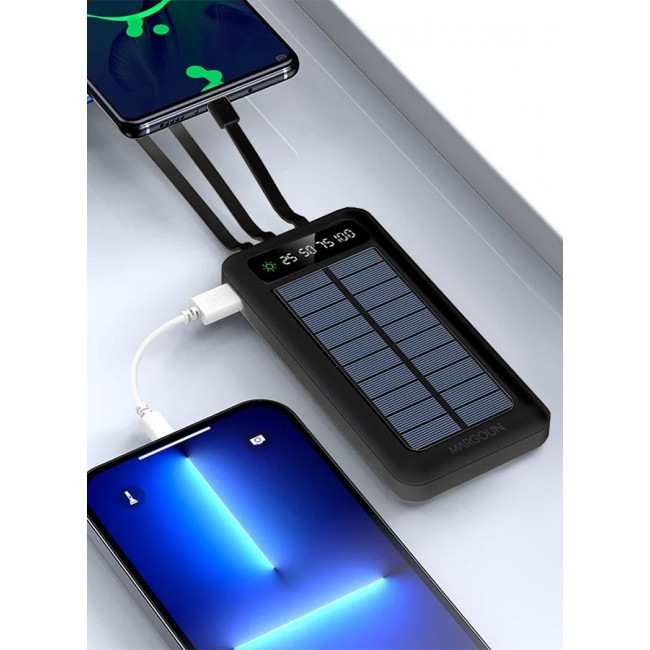 MARGOUN 10000mAh Solar Power Bank Big Capacity Phone Charging Powerbank with Cable External Battery Phone Fast Charger Black