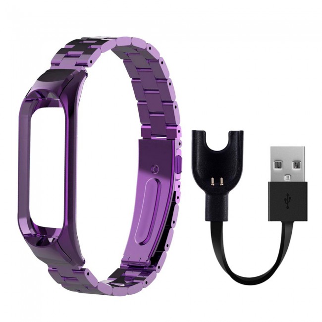 Margoun Metal Buckle Replacement Strap for Xiaomi Mi Band 3 / Mi 3 Band with USB Charger Cable