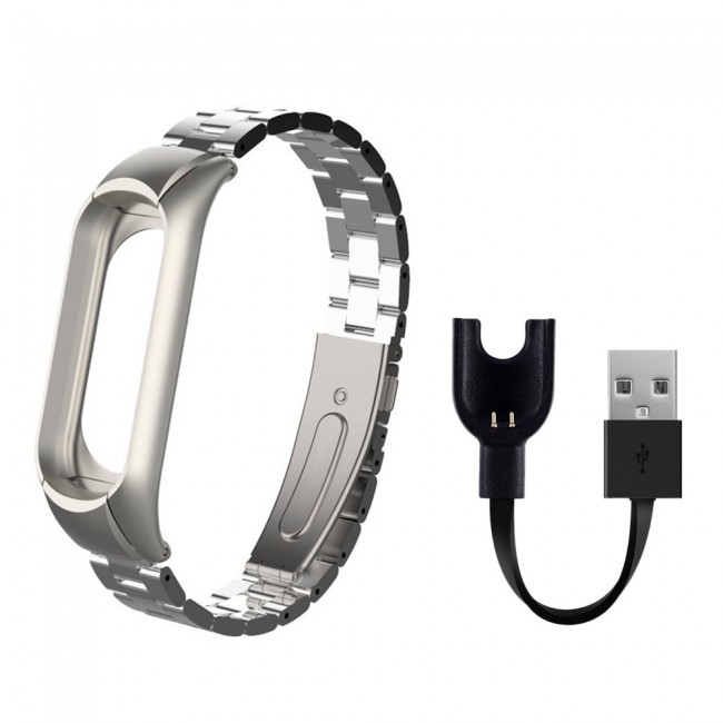 Margoun Metal Buckle Replacement Strap for Xiaomi Mi Band 3 / Mi 3 Band with USB Charger Cable