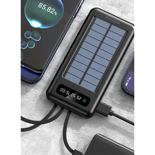 MARGOUN 10000mAh Solar Power Bank Big Capacity Phone Charging Powerbank with Cable External Battery Phone Fast Charger Black