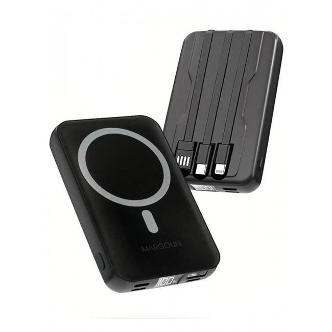 MARGOUN Magnetic Battery Pack 10000mAh Wireless Charging Power Bank with Cable Slim Light-Weight Wireless Charger with LED Indicator Black