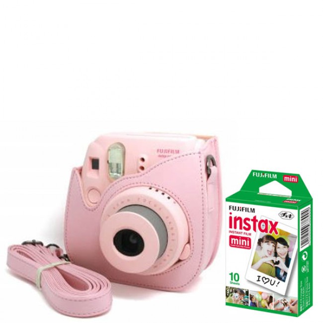 FujiFilm Instax Mini 8 Instant Film Camera + Instax Mini Film Twin Pack (10  Sheets) + PU leather Case in Pink
