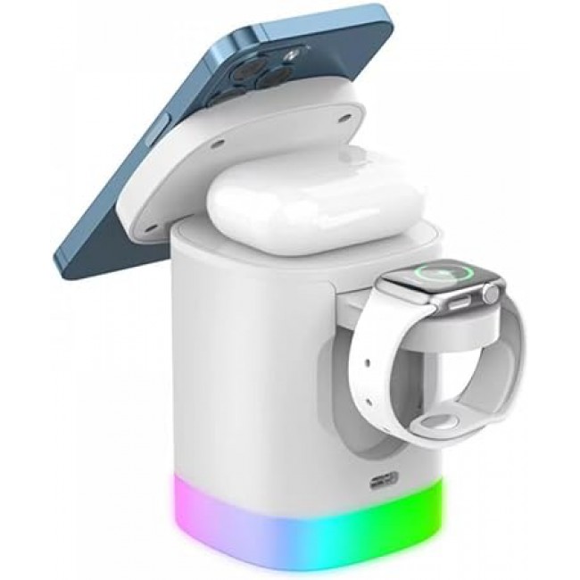 MARGOUN For 3-in-1 Magnetic Wireless Charger, 15W USB-C Fast Charger For iPhone iWatch AirPods Cordless Charging Station With RGB Light (White)
