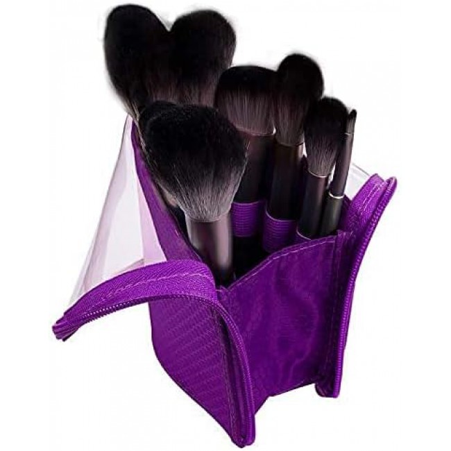 MARGOUN Make-up Brush Holder Organizer Bag, Pencil Pen Case Organizer Bag Clear Plastic Cosmetic Zipper Pouch Small Toiletry Stationery Bag with Divider (Purple)