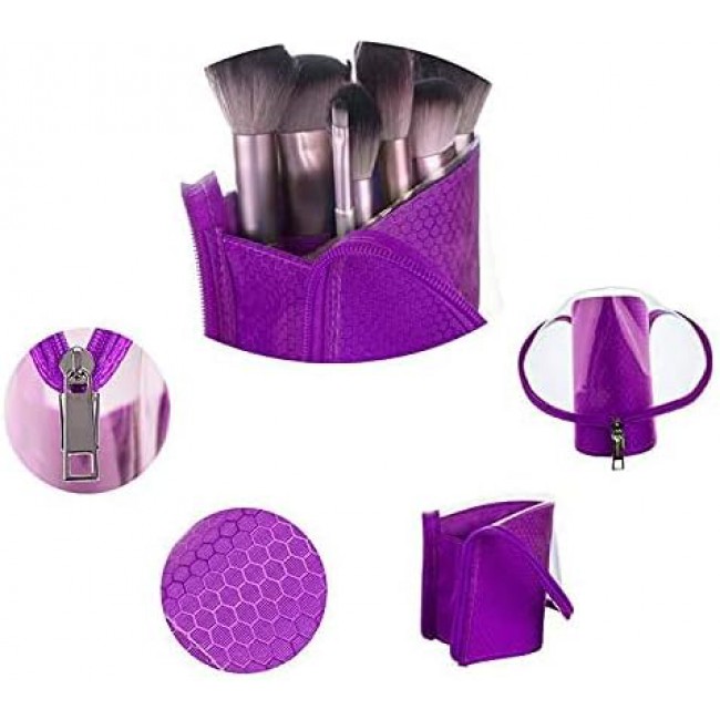 MARGOUN Make-up Brush Holder Organizer Bag, Pencil Pen Case Organizer Bag Clear Plastic Cosmetic Zipper Pouch Small Toiletry Stationery Bag with Divider (Purple)