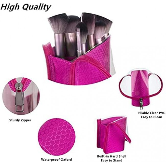 MARGOUN Make-up Brush Holder Organizer Bag, Pencil Pen Case Organizer Bag Clear Plastic Cosmetic Zipper Pouch Small Toiletry Stationery Bag with Divider (Pink)