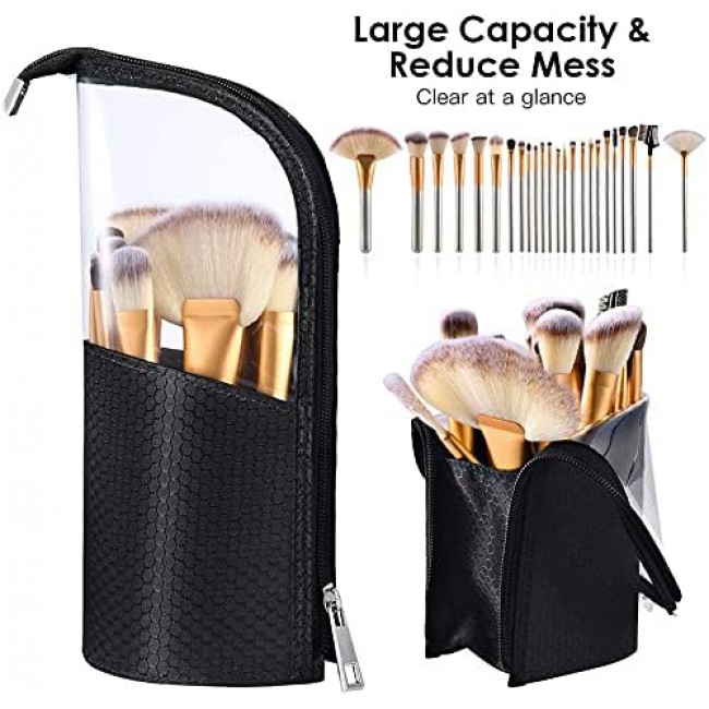 MARGOUN Make-up Brush Organizer Bag, Pencil Pen Case Organizer Bag Clear Plastic Cosmetic Zipper Pouch Small Toiletry Stationery Bag with Divider (Black)