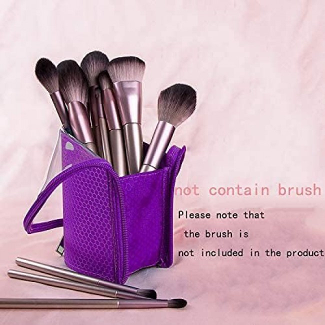 MARGOUN Make-up Brush Holder Organizer Bag, Pencil Pen Case Organizer Bag Clear Plastic Cosmetic Zipper Pouch Small Toiletry Stationery Bag with Divider (Purple)