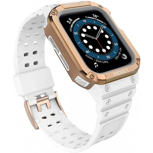 MARGOUN for Apple Watch Band Series 7 with Safe Guard Protection Rugged Protective Case 45mm with Strap IST - White Rose Gold