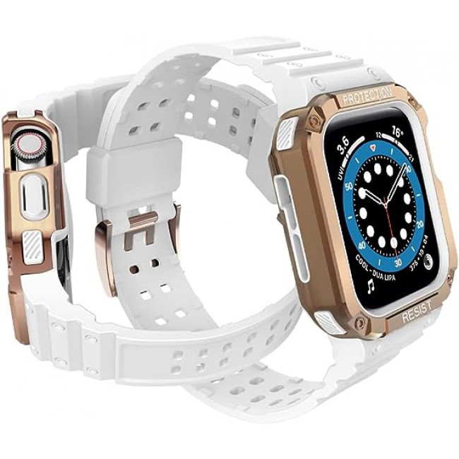 MARGOUN for Apple Watch Band Series 7 with Safe Guard Protection Rugged Protective Case 45mm with Strap IST - White Rose Gold