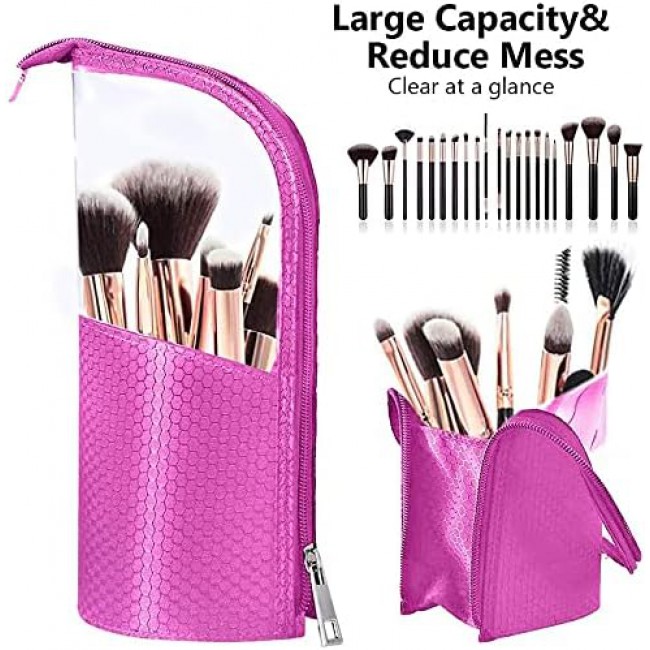 MARGOUN Make-up Brush Holder Organizer Bag, Pencil Pen Case Organizer Bag Clear Plastic Cosmetic Zipper Pouch Small Toiletry Stationery Bag with Divider (Pink)