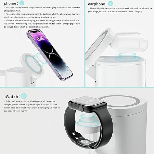 MARGOUN For 3-in-1 Magnetic Wireless Charger, 15W USB-C Fast Charger For iPhone iWatch AirPods Cordless Charging Station With RGB Light (White)