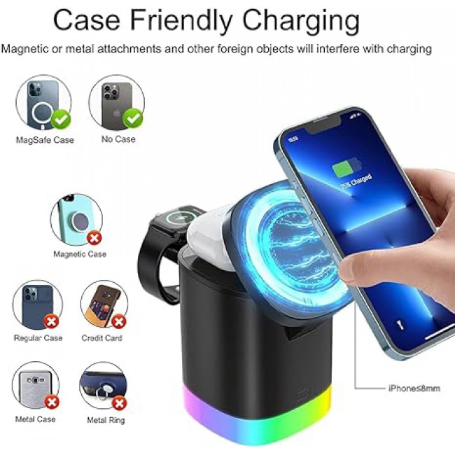 MARGOUN For 3-in-1 Magnetic Wireless Charger, 15W USB-C Fast Charger For iPhone iWatch AirPods Cordless Charging Station With RGB Light (Black)